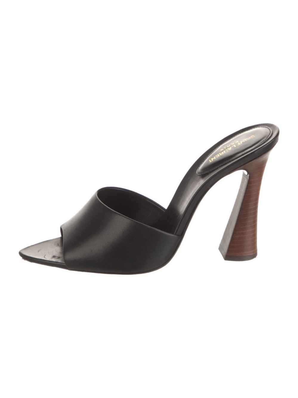 Saint Laurent Black Leather Open-Toe Mule with Brown Stacked Heel